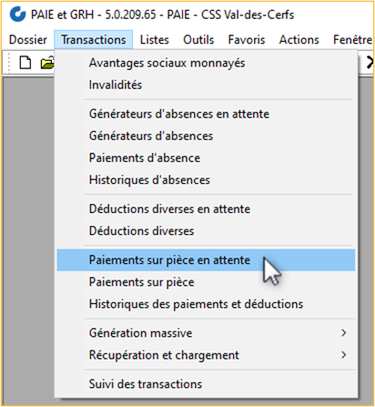 Menu Transactions