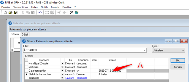 Filtre des transactions en attente