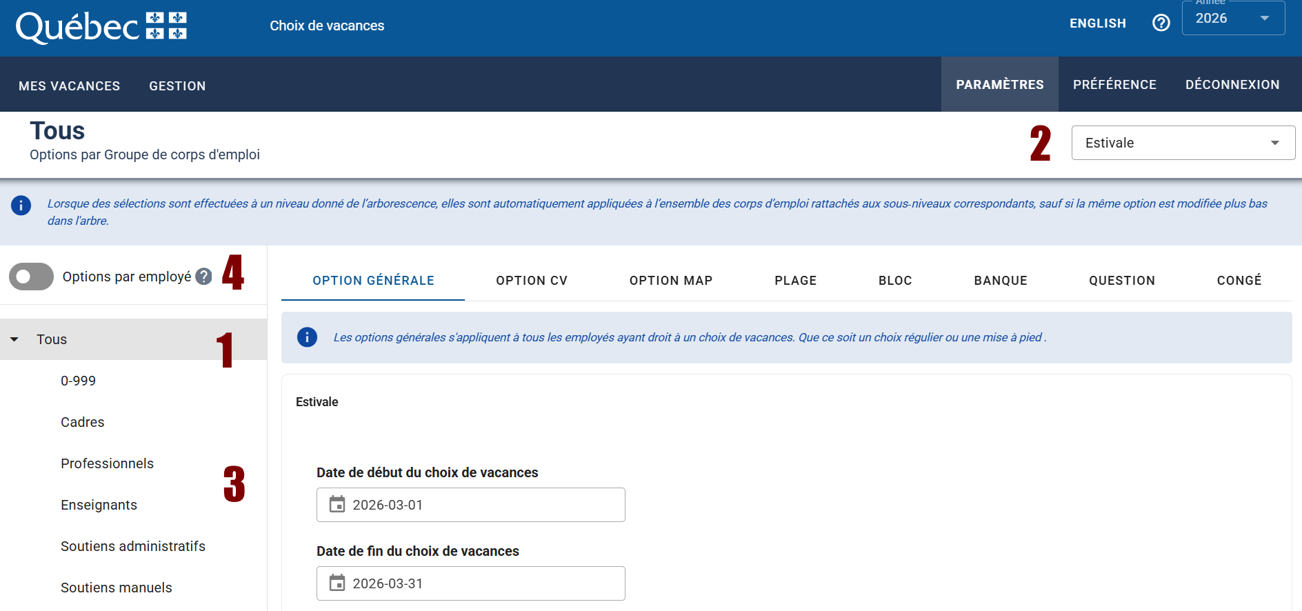 Options par corps d’emploi