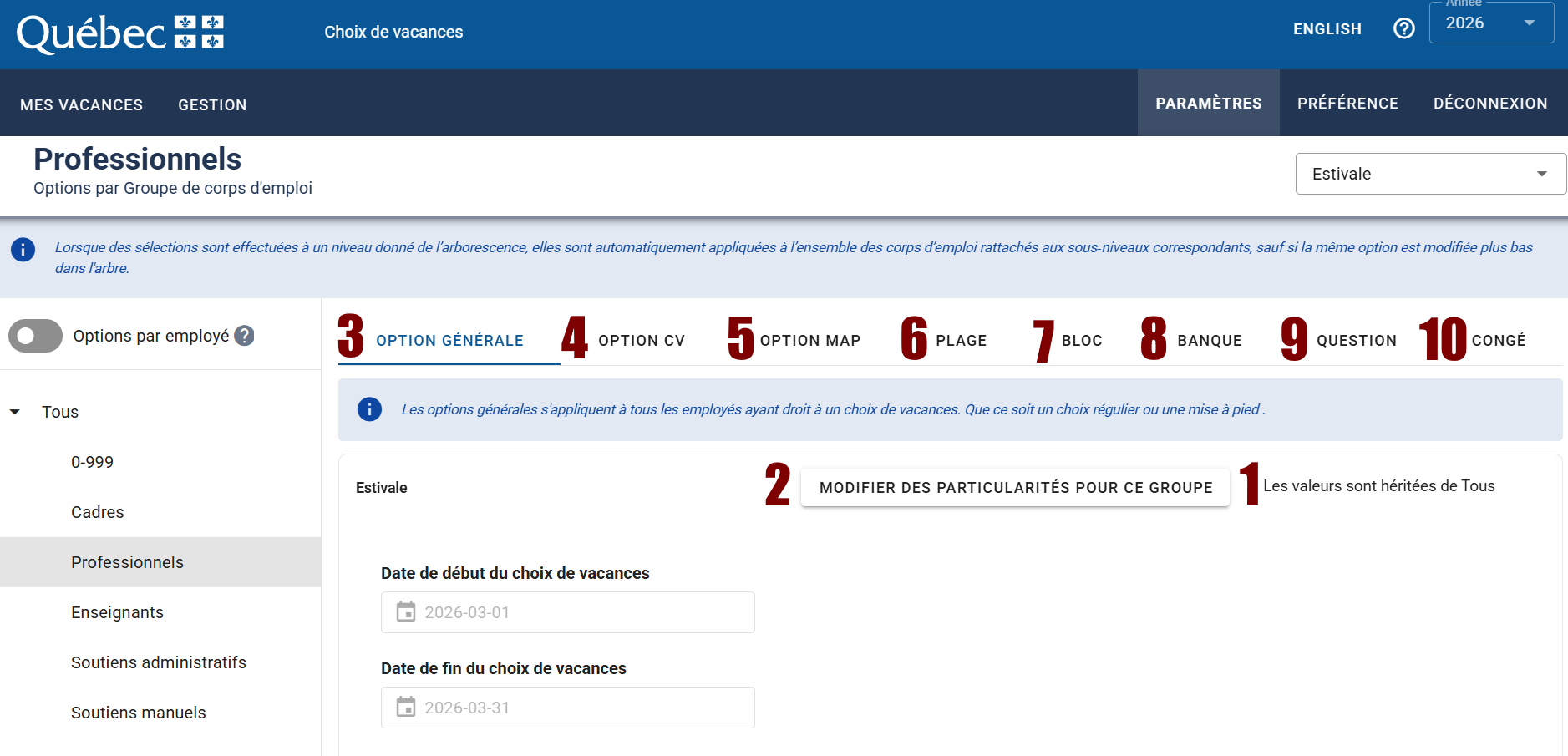 Options par corps d’emploi