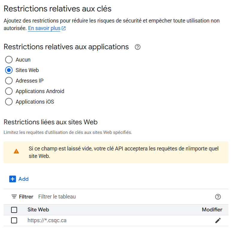 Restrictions liées aux sites web